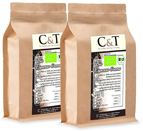 C&T Bio Espresso Crema | Cafe 2 x 1000 g ganze Bohnen Gastro-Sparpack im Kraftpapierbeutel Kaffee für Siebträger, Vollautomaten, Espressokocher