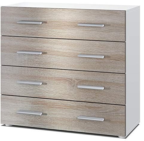 Vladon Sideboard Pavos, Kommode mit 4 Schubladen, Weiß matt/Eiche sägerau (76 x 72 x 35 cm)