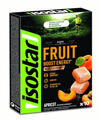 Isostar Energy Fruit Boost - Aprikosengeschmack-Sport Fruchtgummis-Müdigkeitsreduktion-Mit Koffein-Natürliches Aroma-Ohne Farbstoffe & Konservierungsstoffe -1 Schachtel mit 10 Fruchtgummis (10x10 g)