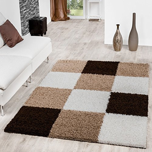 T&T Design Moderner Hochflor Teppich Karo Muster Shaggy Zottel Teppiche Braun Beige Creme, Größe:300x400 cm
