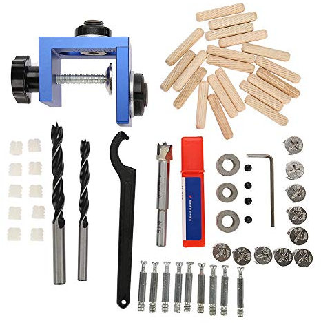 46Pcs Guide de perçage Kit - Kit de gabarit de perçage pour guide de perçage en bois Outil de positionnement de menuiserie pour le bois avec coupe-trou et 2 foret avec bouchon (8mm, 10mm)
