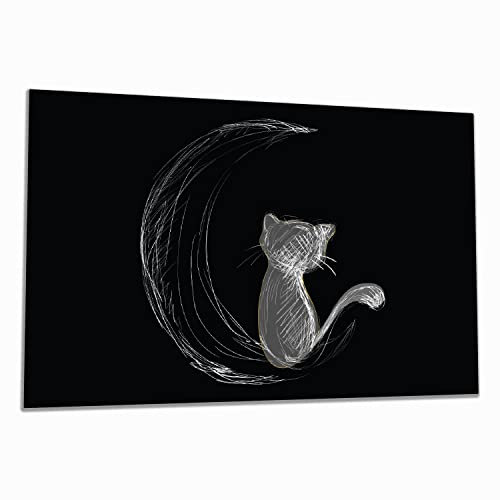 Wallario Herdabdeckplatte/Spritzschutz aus Glas, 1-teilig, 80x52cm mit 13 mm hohen Füßen, für Ceran- und Induktionsherde, Katze sitzt auf dem Mond - illustriert in weiß auf schwarz