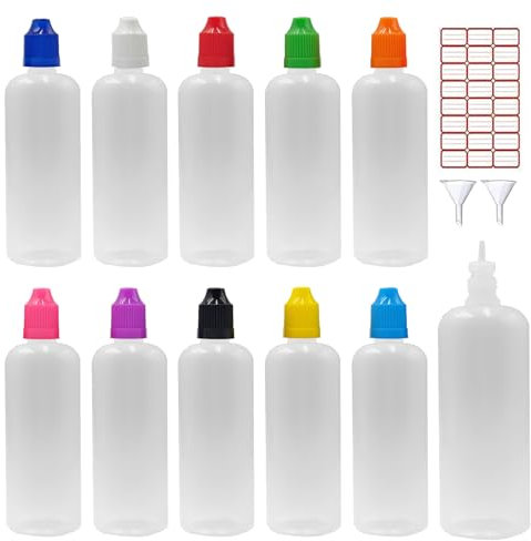 XIAONAN 10 x 100ml Leerflaschen Liquidflaschen Plastikflaschen Dropper Kunststoff Dosierflasche Tropfflaschen + 2 Trichter (Flaschen + Gemischte Kappen + Spitzen + Trichter + Leere Etiketten)