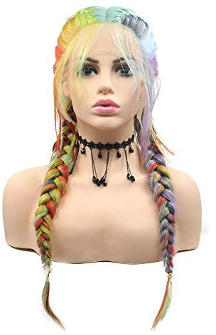 Regenbogen-Perücke, doppelt geflochten, mit Babyhaar, Rot, Orange, Gelb, Grün, Blau, Lila, 8 Farben, Kunsthaar, Lace-Front, lange 2 x Twist-Zöpfe, Cosplay-Perücke
