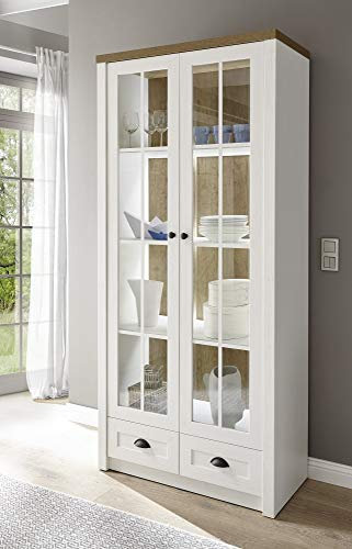 Vitrine Tesorino I Holznachbildung Pinie Weiss Applikationen Eiche hell 90x198x43cm Highboard Standvitrine Glastür Schrank Beleuchtung optional Beleuchtung ohne Beleuchtung