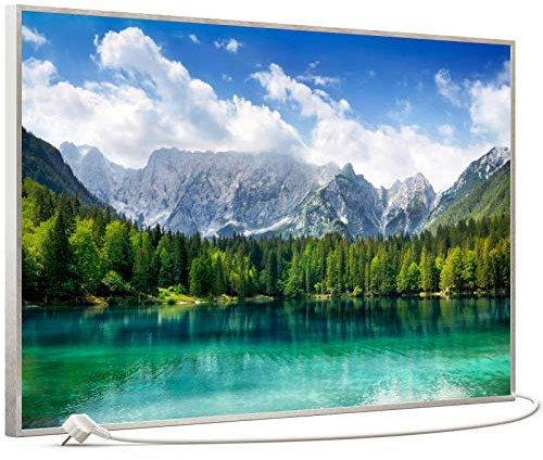 STEINFELD Bild Infrarotheizung mit Thermostat | Made in Germany | viele Motive 350-1200 Watt Rahmen silber (600W, 057 Türkisfarbener See)
