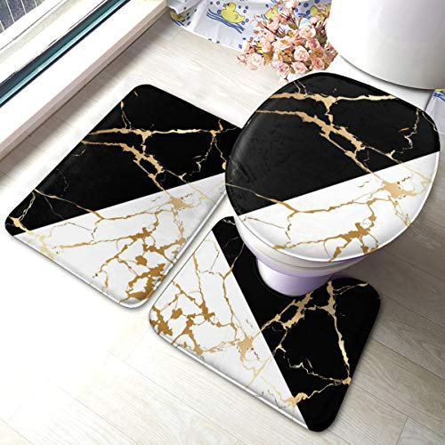 Uliykon Ensemble de 3 tapis de salle de bain antidérapants avec motif marbre doré et noir et blanc