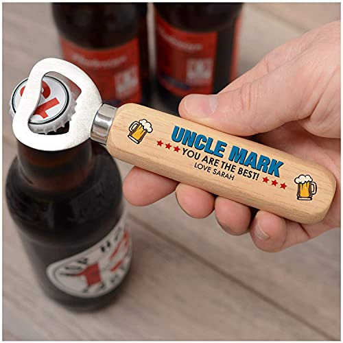 Beecreative Personalised Uncle Gifts - Personalised Wooden Uncle Bottle Opener - Uncle's Christmas, Birthday or Fathers Day Gifts - Custom with ANY NAME and MESSAGE