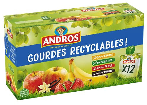 ANDROS - Compote de Fruit - Gourde Recyclable - Allégé - Goût Pomme + Pomme/Vanille + Pomme/Fraise + Pomme/Banane - Idéal pour le Goûter des Enfants - Lot de 12