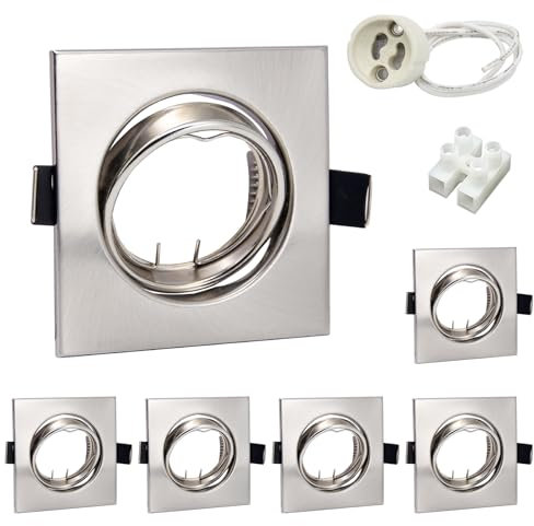 Wondlumi 6er LED Einbaustrahler Rahmen GU10 Set Schwenkbar Edelstahl Gebürstet Einbauspots 68mm Eckig 230V Einbaurahmen inkl. Fassung für LED oder Halogen