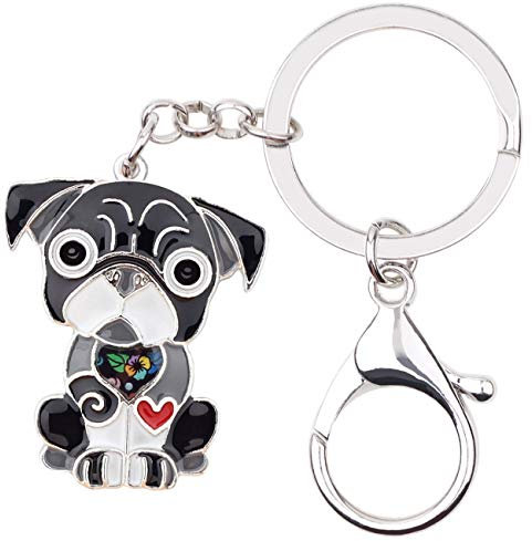 DOWAY Emaille-Schlüsselanhänger Bulldogge Mops, Haustieranhänger für Damen und Herren, Schlüsselanhänger, Geldbörsen, Taschen, Geschenke - Schwarz -
