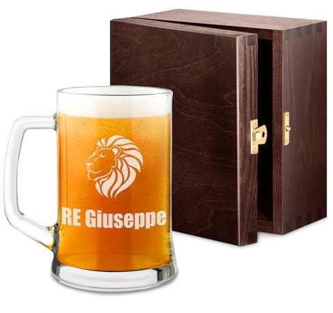 Maverton Boccale per la Birra in vetro con personalizzazione - capienza 500 ml idea regalo per il compleanno - H12 cm x Ø8,5 cm - Perfetto per ogni uomo amante della buona Birra - re leone