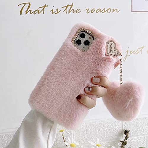 Miagon Plüsch Hülle für iPhone 11,Handyhülle Mädchen Flauschige Schutzhülle Silikon Hülle Faux Pelz Case mit Süße Herz Anhänger,Rosa