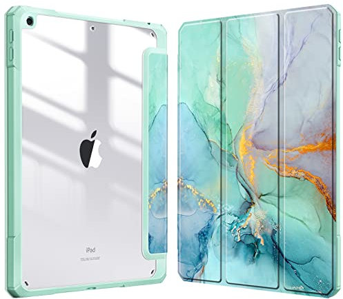 Fintie Funda Durable Compatible con iPad 10,2 2021/2020/2019 (9.ª, 8.ª y 7.ª Gen) con Portalápiz - Carcasa Trasera Transparente a Prueba de Choques Auto-Reposo/Activación, Mármol Verde Dorado
