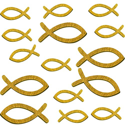 Sidereum 120 Stücke Holz Fische Streudeko Kommunion Deko Taufdeko Holzfische Taufe Tischdeko Verzierung für Kommunionsdeko Konfirmation Holzscheiben(Gold)