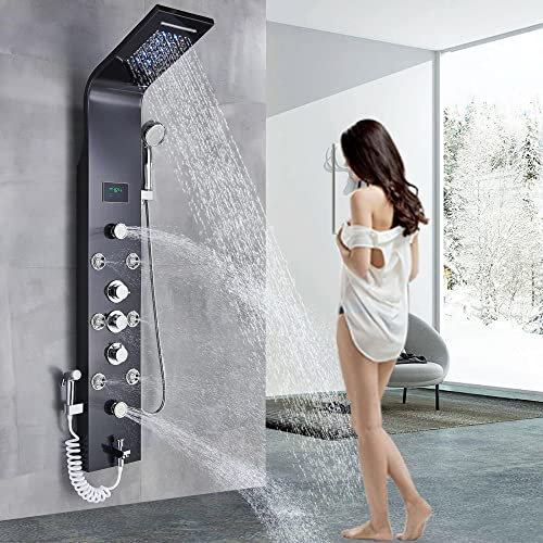 Wieoc Pannello doccia a LED sistema a torre in acciaio inox pioggia cascata massaggio ugello colonna doccia nera