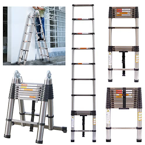 3,8M Teleskopleiter Klappleiter, Mehrzweckleiter Teleskop-Design, Rostfreier Stahl Ausziehleiter Anlegeleiter, EIN-knopf-rückzugs Leiter, Schiebeleiter für Tägliche Haushalts-oder Wohnmobilarbeiten