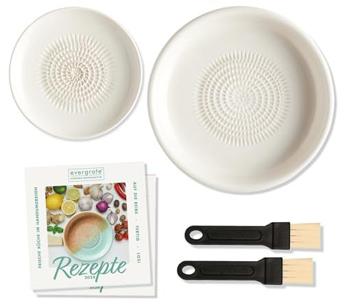 evergrate Geniales Duo: Tellerreibe + Dipschale Motiv Cremeweiß mit 2 Küchenpinsel und 2 Rezepthefte