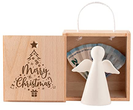 Weihnachtsengel in Holzbox mit Gravur, Weihnachtsdeko, Porzellan Schutzengel, Deko Engel Figur, Verpackung für Geldgeschenke, Glücksengel Dekoration, Dekofigur Glücksbringer