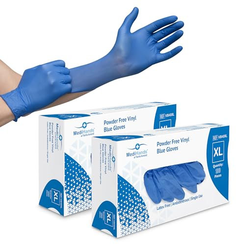 Farla MediHands Blue Extra Large Vinyl Examination Gloves - Box of 200 Disposable, Powder-Free, Latex-Free, Protein-Free Medical Gloves - Multi-Purpose, Single-Use