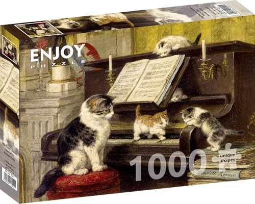 1000 Pieces Jigsaw Puzzle – Matte Finish, Soft Touch, Sturdy and Unique Pieces, Tight Fit, Vivid Colors, Missing Pieces Service – Cat and Kittens at Piano – Ronner Knip Famous Painting by ENJOY Puzzle