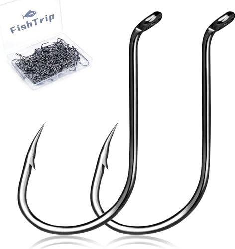 FishTrip Octopus Haken zum Angeln in Salzwasser – 100 Stück Offset-Schnabelhaken / geschlossenes Auge / Barded / Schwarz für Angelvorrichtungen, Barsch, Wels 1/0