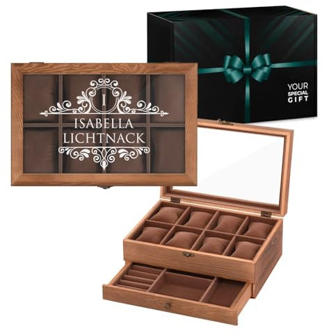 Maverton Uhrenbox mit Gravur - braune Uhren Aufbewahrungsbox für 8 Uhren mit Glasdeckel und Schublade für Schmuck - funktionale Schmuckschatulle für Frauen und Paar - 30x20x12,5cm - Name