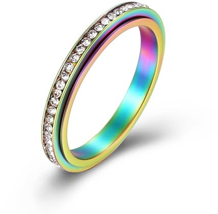 KnSam Ring Verlobung Damen 3MM, Spinner Eheringe Damenringe mit Zirkonia Hochzeit Ringe, Edelstahl Ring Bunt, Gr.62 (19.7)
