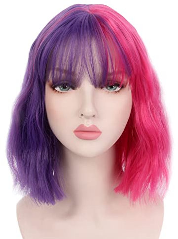 REEWES Parrucche alla moda Bob pastello per donne corte blu rosa pesca rosso onda stile cosplay parrucca riccia con bang per feste, uso santificato, costume quotidiano, cosplay