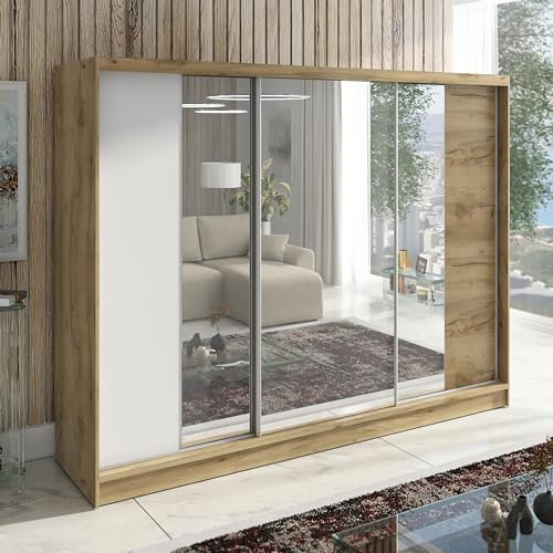 A&J MöbelLand Schwebetürenschrank VIDA, 3-türig Kleiderschrank 200cm mit 4 Schubladen, und Spiegel, Garderobe 200 cm (Eiche Kraft Gold/weiß/Eiche Kraft Gold)