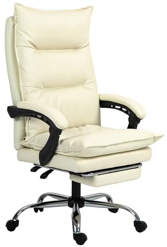 Vinsetto Bürostuhl mit Liegefunktion, ergonomisch Schreibtischstuhl, höhenverstellbar Drehstuhl mit Fußstütze, gepolstert, bis 135 kg belastbar, für Büro, Arbeitszimmer, Beige