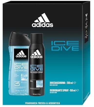 Adidas, Confezione Regalo Uomo Ice Dive Deodorante Spray 150 ml + Gel Doccia Bagnoschiuma 250 ml