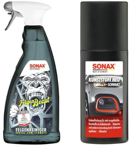 SONAX FelgenBeast (1 Liter) Felgenreiniger & Kunststoff Neu Schwarz (100 ml) zur Farbauffrischung stark ausgebleichter Kunststoffe im Fahrzeugaußenbereich | Art-Nr. 04091000