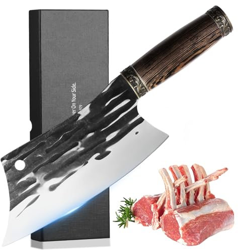 Plys Couteau de Chef Forgé Chinois - Manche en Bois, Acier au Carbone, Professionnel en Acier Inoxydable - Couperet Asiatique
