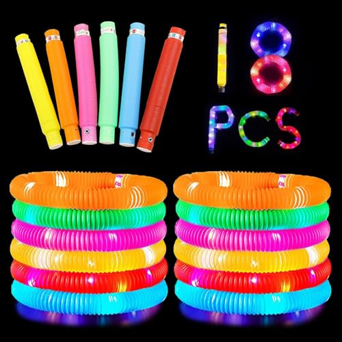 18Pièces Pop Tube LED,Jouets Sensoriels Lumineux Bâton Jouet Sensoriel Lumineux et Amusant pour Enfant,Jouets Sensoriels de Tuyau Fournitures de Fête Lumineuses,Anniversaire Décorations Cadeau de Noël