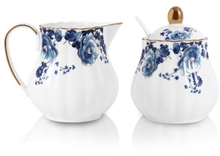 Agyiuns Ceramic Sugar and Creamer Set, 3 Piece with Cream Pitcher, Sugar Bowl with Lid and Spoon,Coffee and Tea Serving Set (White with blue flower)