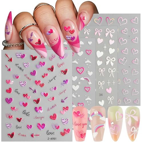 EBANKU 4 Sheets Heart Bow Tie Nail Art Stickers Decals 5D Self-Adhesive Valentine’s Day Pink Nail Supplies Nail Art Design Decoration Accessories