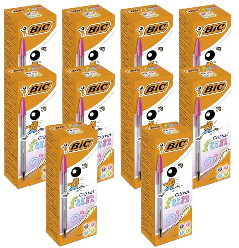 BIC Cristal Fun - Bolígrafos de plástico coloridos para adultos, punta de 1,6 mm, para escritura suave, colores surtidos, 20 unidades, bolígrafos de cristal para la escuela, la oficina (paquete de 10