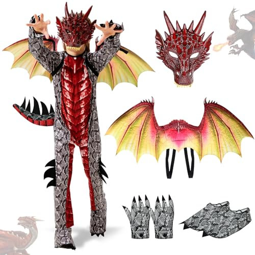 Ulikey Deguisement Dragon Enfant, Costume Carnaval Enfant Garcon, Costume Dragon Enfant Set, con Ailes de Dragon, Masque de Dragon, Deguisement Carnaval Halloween pour Garcon Cosplay (Rouge, L)