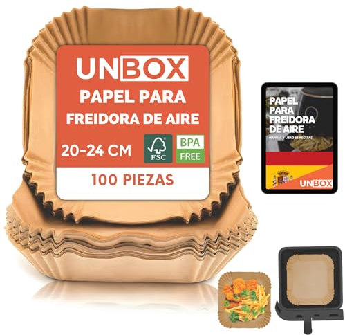 UNBOX Carta Forno per Friggitrice ad Aria – 100 Fogli, Antiaderente & Resistente all’Olio, Accessori per Air Fryer XXL, Compatibile con Philips 6,2L/7,3L, Cosori 4,7/5,5L, Cecotec 5,5L/6L, Tefal