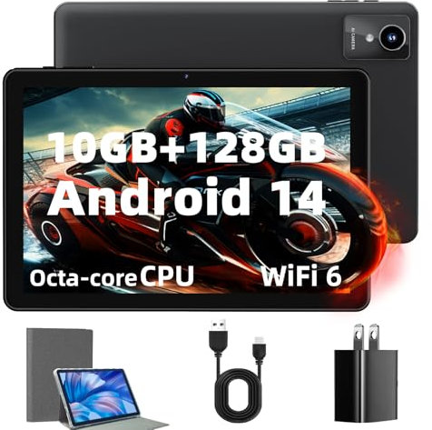 2024 New Tablet 10 inch Android 14 Tablets, 10(4+6)GB RAM+128GB ROM+1TB Expand, Octa-Core 2.0GHz, 1280 * 800 IPS Incell Display, 6000mAh, 5MP+8MP Camera, 5G+2.4G Wi-Fi/Bluetooth 5.4, Widevine L1