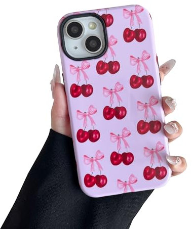 DEFBSC Case for iPhone 13/iPhone 14, Cute Pink Ribbon Bowknot Print Aesthetic Trendy Pattern for Women Girls Slim Durable Bumper Shockproof Hybrid Hard Back Phone Cover, Cherry/Glossy