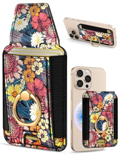 Shorogyt Compatible with Magsafe Wallet with Grip, Purple Flower | Fits 7 Cards, with Ring Stand, Magnetic Card Holder, RFID Magnet, Slim Phone Wallet, for iPhone 18/17/16/15/14/13/12 Series