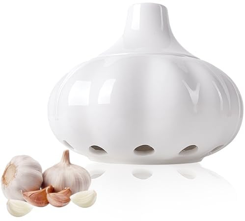 VUIUYOIES White Ceramic Garlic Keeper with Lid,Ceramic Garlic Storage Jar with ventilation holes for Ginger, Onion, Potato Keep Fresh & Organize Kitchen Countertop
