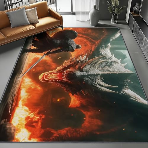 Teppich Wohnzimmer 140 X 200 cm Drache Ritter Im Fantasy-Stil, Kurzflor Teppich Für Wohnzimmer, Schlafzimmer & Flur, rutschfest, Wasserabweisend, Maschinenwaschbar, Rot Grau