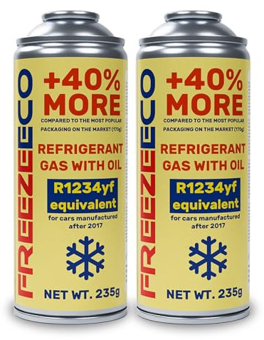 FREEZECO R1234yf Lot de 2 boîtes de liquide réfrigérant de rechange 2 en 1 avec huile de remplissage de climatisation pour véhicules après 2016, 235 g