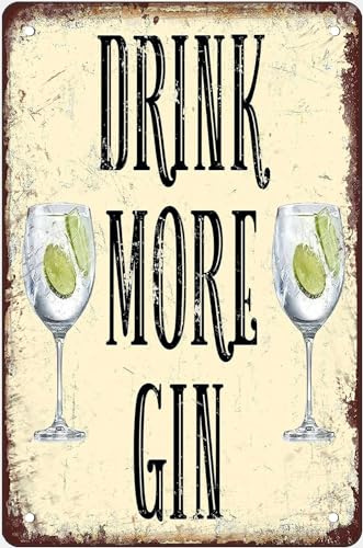 XingFox Aluminum Tin Signs Drink More Gin Vintage Metal Retro Poster Sign for Home Kitchen Bathroom Garden Bar Wall Hanging Signs Decor Crafts Plaque Wall Decor Gift 8x12 Inch