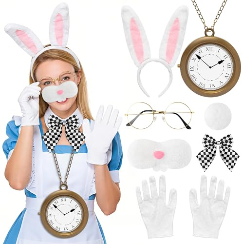 E1mity 7-teiliges weißes Kaninchen-Kostüm-Set, Osterhasen-Outfit mit Hasenohren, Stirnband, Schwanz, Nase, Uhr, Brille, Fliege, Handschuhe, Verkleidung für Ostern, Karneval, Halloween, Weltbuchtag
