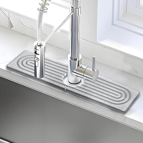 Universal Kitchen Sink Faucet Mats with Drain Hole, Water Absorption Stone Sink Splash Guard, Bathroom Countertop Fast-Drying Diatomite Tray, Non-Slip Dish Draining Mat Faucet Cover for Kitchen