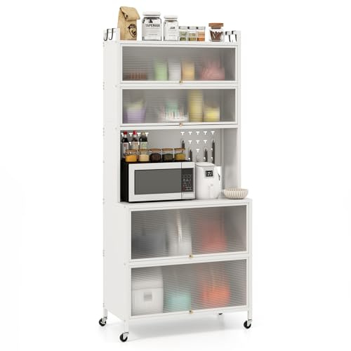 FANTASK Küchenschrank, Küchenregal auf Rollen mit Arbeitsplatte, Lochwand, Haken, transparenten Türen, Buffetschrank für Mikrowelle, Hochschrank für Küche, Esszimmer (Weiß, 80 x 40 x 178 cm)